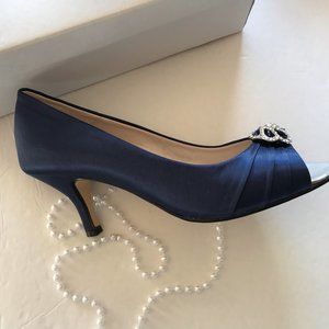 Women's Navy Satin Heels Peep-Toe Size 8 Caparros